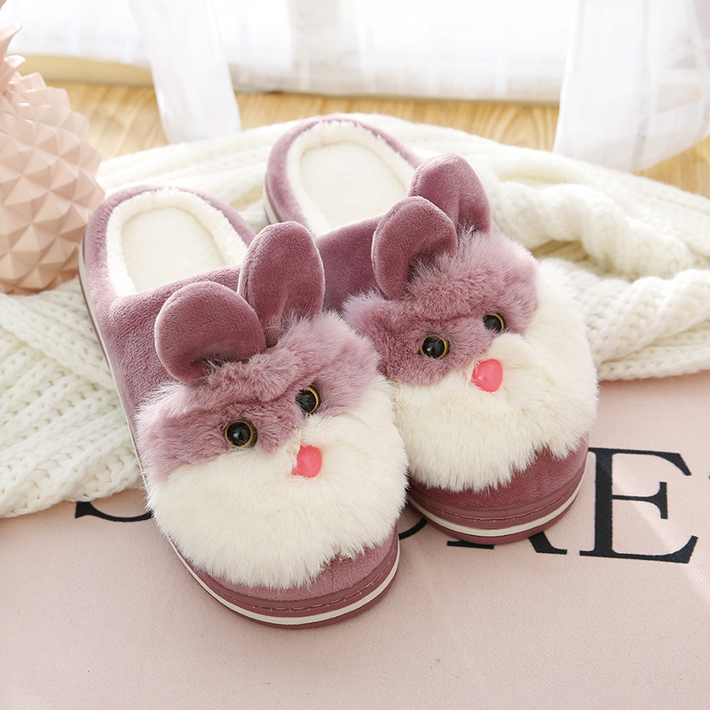 Kids Winter Rabbit Fur Slippers Cute Rex Girls Home Shoes Warm Cotton Slippers 