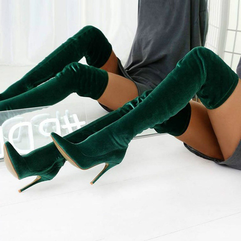 Women Pointed Toe Over The Knee Boots Women's Flock Thigh High Boots Winter Ladies Slim Super High Heels Female Shoes Big Size ► Photo 1/6