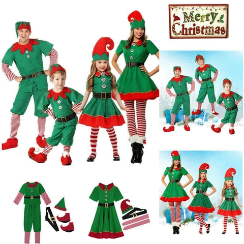 Christmas Elf Costume Party Family Christmas Role Playing Outfit Green Santa Claus Performance Clothing Fancy Dress Kids Adult ► Photo 1/6