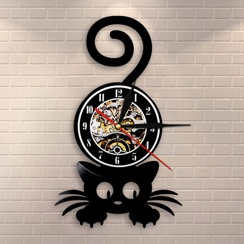 Crazy Cat Lady Wall Art Silhouette Kitten Cat with Funny Tail Home Decor Wall Clock Black Kitty Vinyl Record Clock Cat Pet Lover ► Photo 1/6