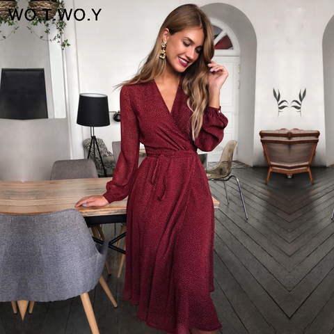 WOTWOY 2022 Bohemian Dot Print Dresses Women Summer Cross V-neck Sashes Mid-Calf Dress Lady Long Sleeve Button Dresses Female ► Photo 1/6