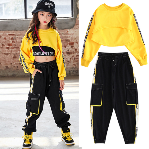 Girls Jazz Dance Costume Hip Hop Clothing Yellow Tops Black Pants