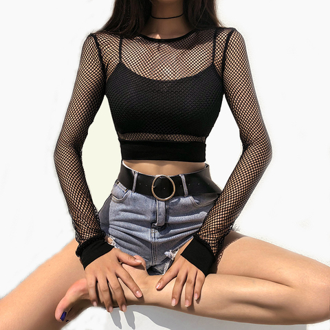 Buy Online Goth Crewneck See Through Mesh Crop Long Sleeve Black Top Sexy Shirts For Women Emo Clothes Melanin Shirt Woman Tshirts Hotsale Alitools