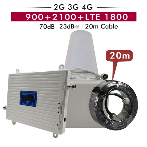 Gain 65dB Tri Band Repeater GSM 900+DCS/LTE 1800+WCDMA UMTS 2100 Mobile Signal Booster 2G 3G 4G Cellular Amplifier 20m Cable Set ► Photo 1/6