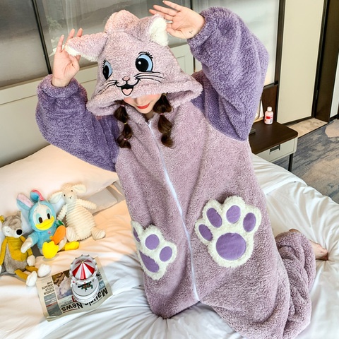 Women Sleepwear Plush Winter Pajamas Fashion Home Wear Cartoon Hooded Coral Velvet Nightgown Plus Size Flannel Nighty Add Fleece ► Photo 1/6