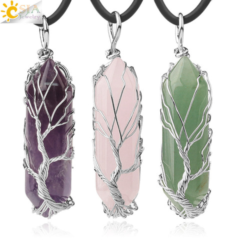 CSJA Natural Crystal Stone Pendant Necklace Point Hexagonal Prism Silver Color Copper Life Tree Wire Wrap Women Men Jewelry G551 ► Photo 1/6
