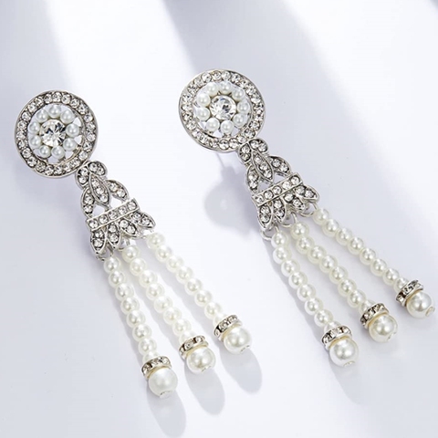 1920s Flapper Earrings 20s Art Deco Great Gatsby Earring Drop Rhinestone Jewelry Accessories Vintage Party Dangle Pearl Earrings ► Photo 1/6