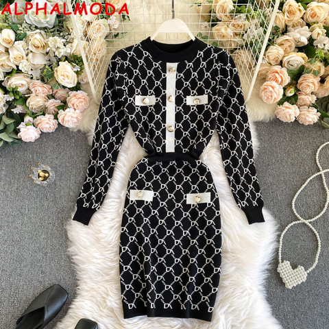 ALPHALMODA Autumn Spring Women Classical Plaids Knitting Dress Button Details Vintage Female Winter Dress Above Knee ► Photo 1/6