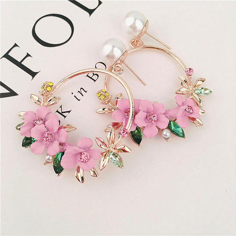Trendy Gold Metal Round Circle Drop Earrings Cute Pink Flower Earrings for Women Girls Jewelry Female Rhinestone Gifts Brincos ► Photo 1/6