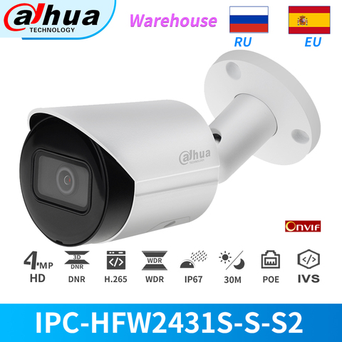 Dahua IP Camera 4MP Bullet PoE IPC-HFW2431S-S-S2 IR 30M Build-in SD Card Slot Starlight IVS CCTV Security Motion Detection IP67 ► Photo 1/6