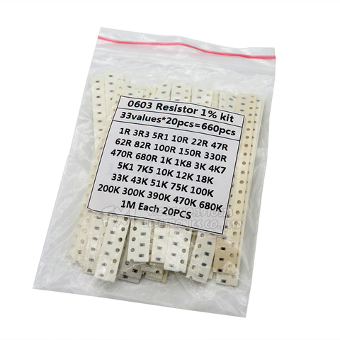 0603 SMD Resistor Kit Assorted Kit 1ohm-1M ohm 1% 33valuesX 20PCS=660PCS Sample Kit ► Photo 1/1