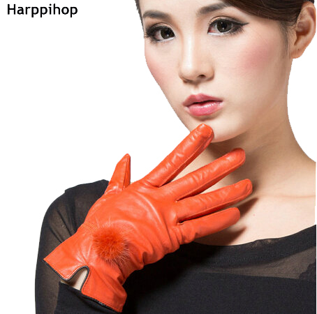 women leather gloves  Color genuine leather gloves female sheepskin gloves women's thin thermal mink hair ball 2017 new ► Photo 1/3