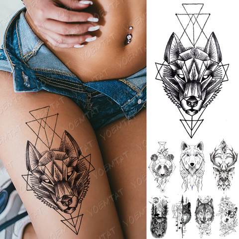 Waterproof Temporary Tattoo Sticker Line Geometry Fox Panda Wolf Tattoos Deer Flowers Body Art Arm Fake Sleeve Tatoo Women Men ► Photo 1/6