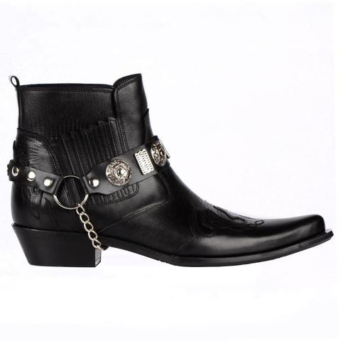 FootCourt- Black Cowboy Ankle Boots Texas Boots Western Ankle Boots Genuine Leather Pointed Toe Removable Buckled Ankle Harness ► Photo 1/5