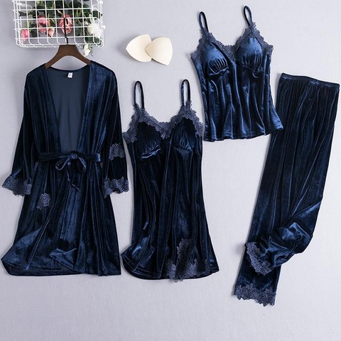 Lady Sexy Kimono Bathrobe Gown 4PCS Robe Suit 2022 New Sleepwear Nightgown Soft Velour Nightdress Sexy Intimate Lingerie ► Photo 1/4