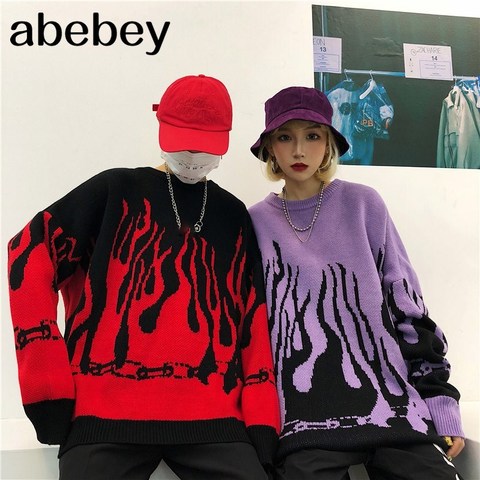 Autumn Winter Harajuku Flame Knitting Batwing Sleeve Sweater Casual Long Women Tide Printed Sweater Loose Boyfriend Pullovers ► Photo 1/6