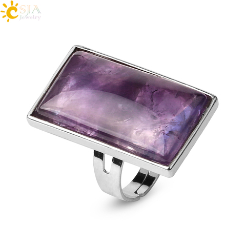 CSJA Rectangle Natural Stones Finger Rings Silver-color Adjustable Ring Healing Crystal Pink Quartz Women Statement Jewelry G456 ► Photo 1/6