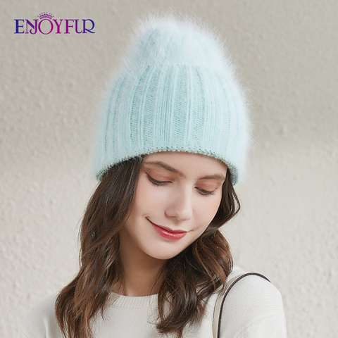 ENJOYFUR women winter hats angola rabbit fur warm thick knit bonnets fashion wide cuff  female young gorro beanie ► Photo 1/6