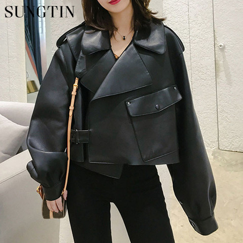 Sungtin Women Faux Leather Jacket Soft Loose Vintage Biker Coat Short Pockets Motor PU Black Jacket Autumn Street Leather Coat ► Photo 1/6