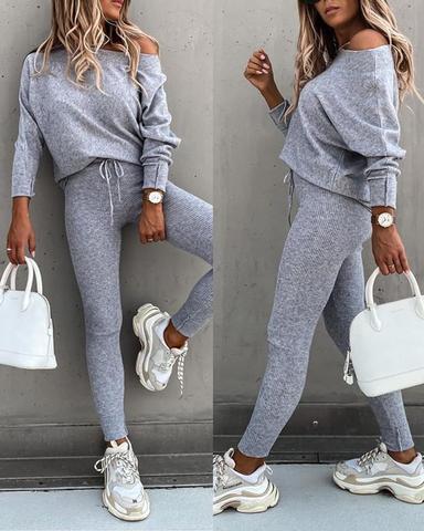 2022 Sportswear Women Fashion Casual Solid Fit One Shoulder Top Long Pants Set Long Sleeve Top & High Waist Drawstring Pants Set ► Photo 1/6