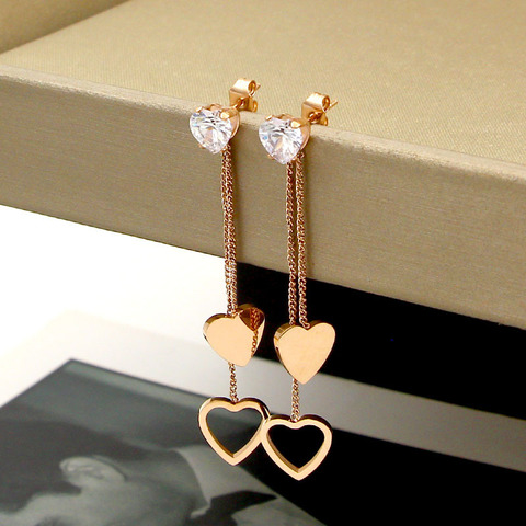 fashion crystal peach heart tassel long double earrings helix titanium steel rose gold heart-shaped earrings jewelry wholesa 302 ► Photo 1/6