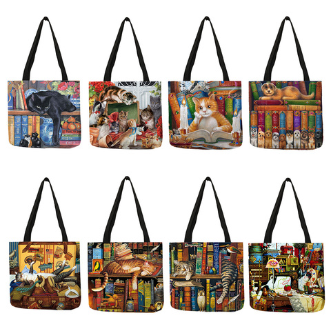 Customize Oil Painting Cat Print Womens Designer Tote Bags Linen Reusable Shopping Bag For Groceries Shoulder Bags for Lady 2022 ► Photo 1/6