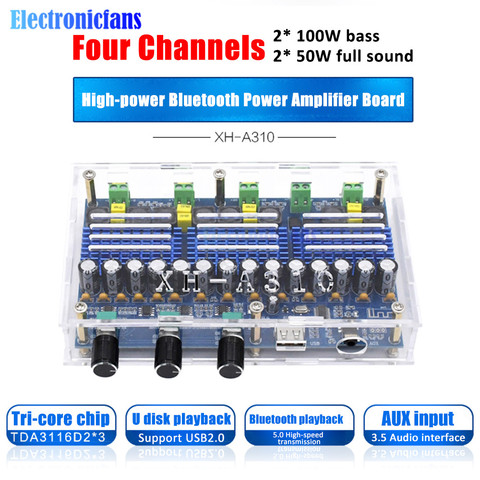 TPA3116D2 Bass 100Wx2+50WX2 Four Channels Bluetooth 5.0 Tunable Digital Dual Stereo Audio Power Amplifier Board Module XH-A310 ► Photo 1/6