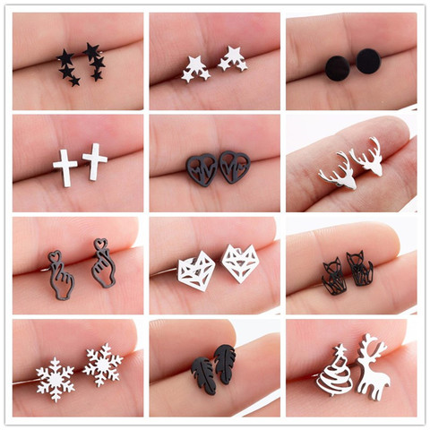 Punk Black Stainless Steel Stud Earrings for Women Girls Fashion Star Cross Fox Snowflake Deer Earings Hallowmas Jewelry Gifts ► Photo 1/6