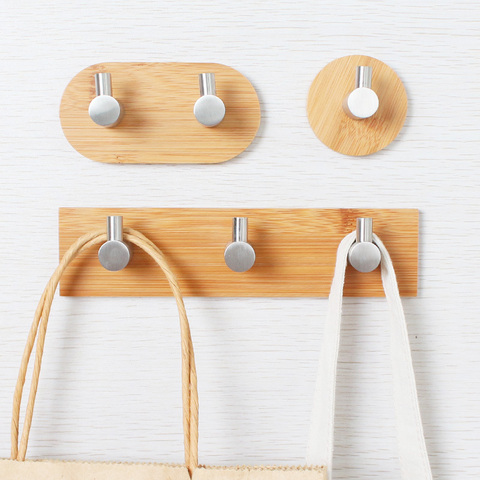 Natural Bamboo Stainless Steel Hook Wall Clothes Bag Headphone Key Hanger Kitchen Bathroom Door Towel Rustproof Shelf    MJ707 ► Photo 1/6