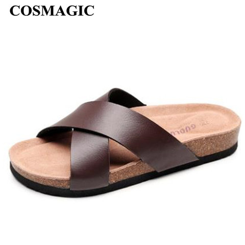 COSMAGIC 2022 Fashion Men Beach Cross Cork Slippers Summer Unisex Solid Color Non-slip Outside PU Leather Slide Shoe ► Photo 1/6