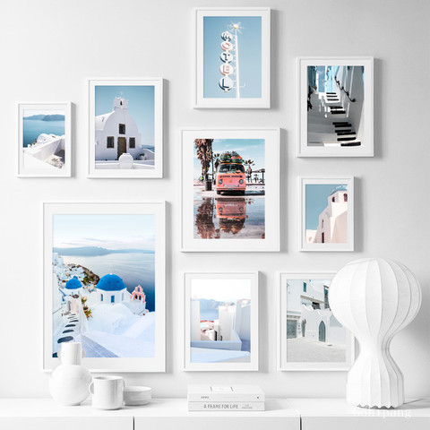 Santorini Sea Bus Palm Tree Retro Building Wall Art Canvas Painting Nordic Posters And Print Wall Pictures For Living Room Decor ► Photo 1/3
