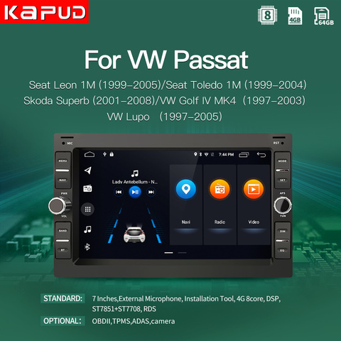 Kapud 7'' Car Radio Multimedia Player Adnroid 10 For Volkswagen Passat Seat Leon/Toledo Golf Iv MK4 Skoda Superb Lupo GPS Stereo ► Photo 1/6