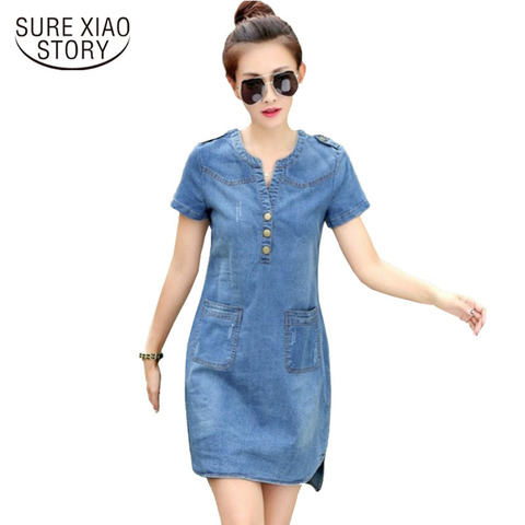 2022 new arrival summer women denim dresses short sleeves loose A word dresses plus sizes v-neck solid denim dresses 176A 25 ► Photo 1/6