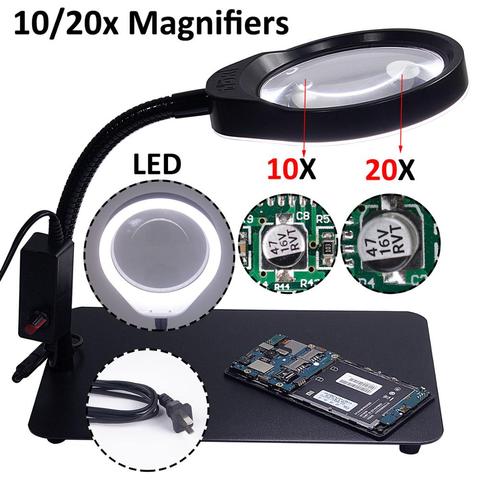 Magnifying glass with led lights 10/20X In 1 desk table loupe magnifier lamp for beauty salon embroidery ► Photo 1/6