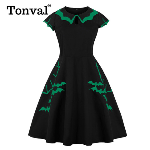 Tonval Green Bat Embroidery Halloween Party Vintage Black Dress Women Cap Sleeve Keyhole Front Cotton Retro A Line Dresses ► Photo 1/6