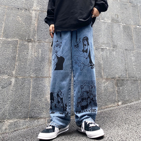 Vintage Washed Jeans Women Streetwear Jeans Harajuku Cartoon Anime Print Jeans Fashion Man Jeans Loose Wide Leg Pants Cotton ► Photo 1/6