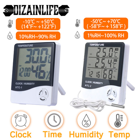 Digital LCD Temperature Humidity Meter with Probe and Clock - HTC2