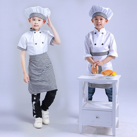Kids Chef Jackets Kitchen Roleplay Uniform Cook Hat Restaurant Cosplay Costumes Halloween Children Waiter Waitress Clothing Sets ► Photo 1/5