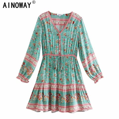 Green floral print V-neck Vintage chic women hippie Bohemian mini dress Summer ladies long sleeve rayon Boho dresses vestidos ► Photo 1/6