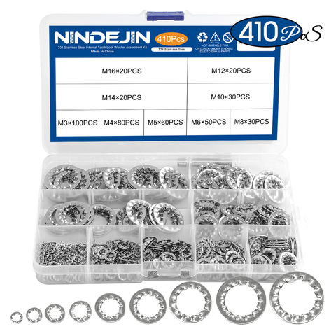 NINDEJIN 410pcs/set internal tooth lock washer assortment kit 304 stainless steel m3 m4 m5 m6 m8 m10 star lock washer DIN6797J ► Photo 1/6