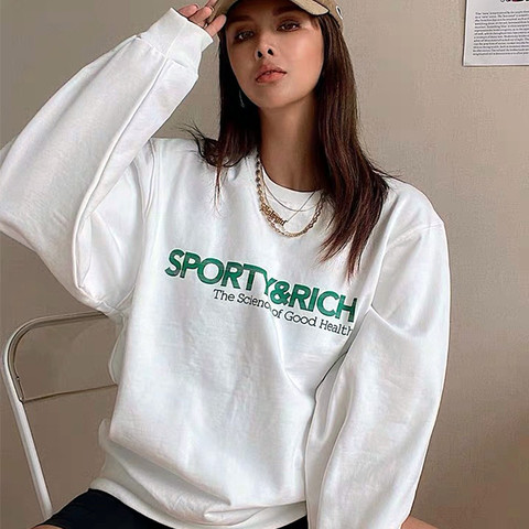 Calelinka American Vintage Sporty&Rich Letters Print White Cool Women Pullover Round Neck Cotton Loose Sprot Lover Sweatshirt ► Photo 1/5