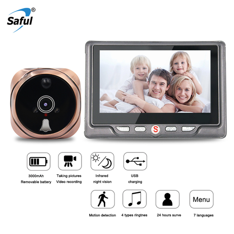 Saful Digital Peephole Video Camera Door Bell Video-eye with TF Card Taking Photo Door Peephole Viewer Monitor for Home ► Photo 1/6