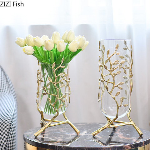 Creative metal glass Golden leaves vine copper vase Hydroponics Flower arrangement expensive Modern home decoration wedding ► Photo 1/5