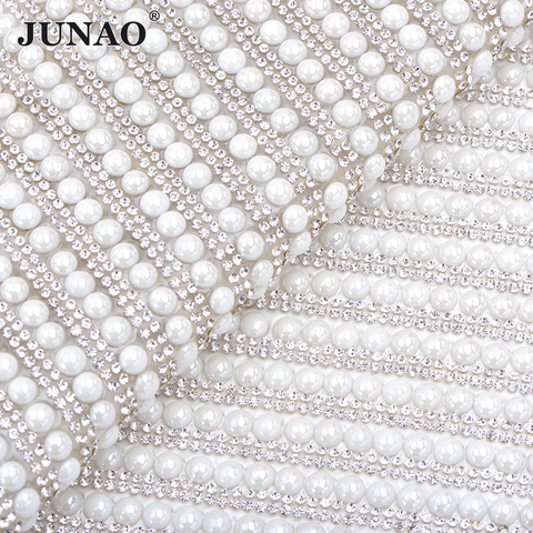 JUNAO 24*40cm Self Adhesive White Pearl Rhinestone Mesh Trim Crystal Fabric Pearl Applique Strass Ribbon for Clothes Jewelry ► Photo 1/6