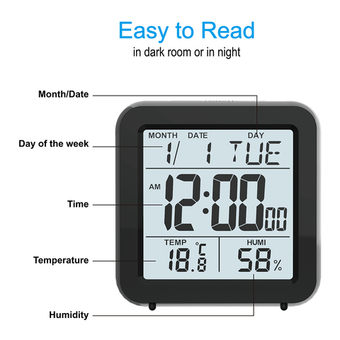 Electronic desk snooze alarm clock calendar with large digit bedside table clock battery operated  with thermometer hygrometer ► Photo 1/6
