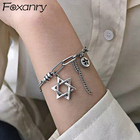 Foxanry INS Fashion 925 Sterling Silver Thick Chain Bracelets for Women Thai Silver Trendy Vintage Stars Pendant Paert Jewelry ► Photo 1/6