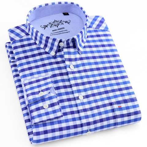 Men's Long Sleeve Blue Oxford Dress Shirt with Left Chest Pocket Cotton Male Casual Solid Button Down Shirts 5XL 6XL Big size ► Photo 1/6