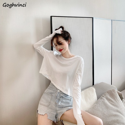 Long Sleeve T-shirts Women Spring Solid Loose Crop Top Sexy New Trendy Leisure Girls T-shirt Korean Stylish Teens All-match Chic ► Photo 1/6