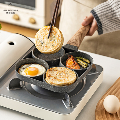 4-hole Non-stick Frying Pot Aluminum Omelet Pan For Burger Eggs Ham Pancake Breakfast Maker Kitchen Cookware Wooden Handle Pan ► Photo 1/1