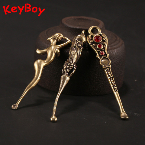 Creative Design 6 Styles Copper Mutilfunctional Ear Pick Spoon Keyring Pendants Vintage Brass Naked Women Fish Keychains Jewelry ► Photo 1/6